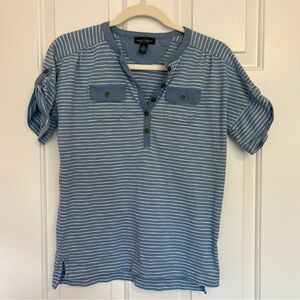 Lauren Ralph Lauren Women’s Blue and White Striped Henley Shirt Sz Small